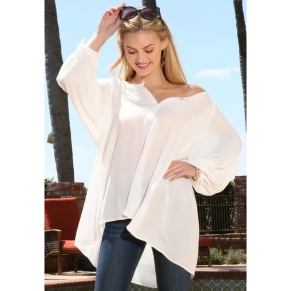 White Button Wide Tie Sleeve Hi Lo Tunic Blouse - Picture 6 of 11
